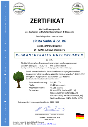 ZERTIFIKAT elasto CO2 Ausgleich 2021 - elasto: Zertifizierung als klimaneutrales Unternehmen