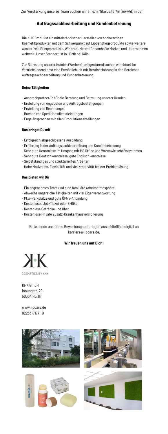 KHK Stellenanzeige - Mitarbeiter (m/w/d) in der Auftragsbearbeitung und Kundenbetreuung