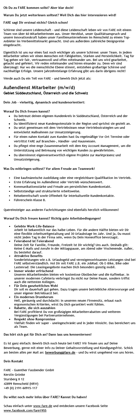 stellenanzeige fare - Außendienst-Mitarbeiter (m/w/d)