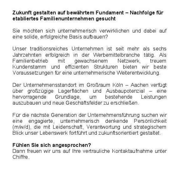 Zukunft gestalten auf bewaehrtem Fundament 001 - Nachfolge für etabliertes Familienunternehmen gesucht
