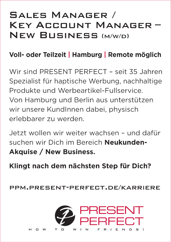 PP Anzeige Stellenausschreibung - Sales Manager / Key Account Manager &ndash; New Business (m/w/d)