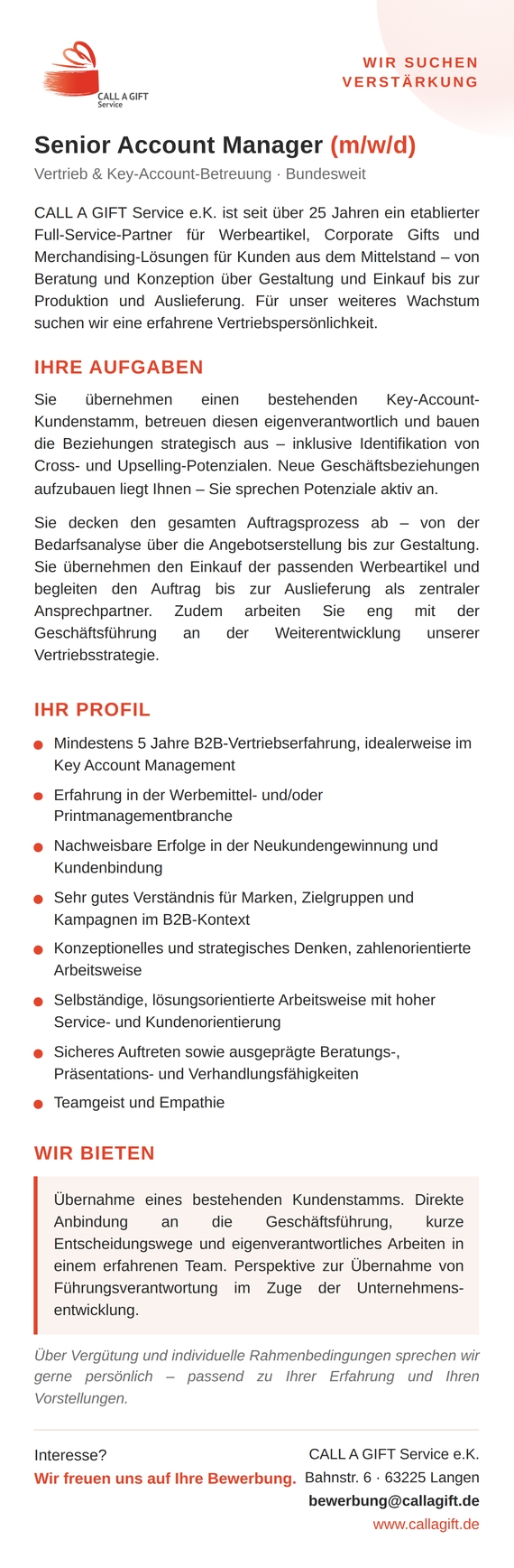 CALL A GIFT Stellenanzeige Web 570px - Senior Account Manager (m/w/d)